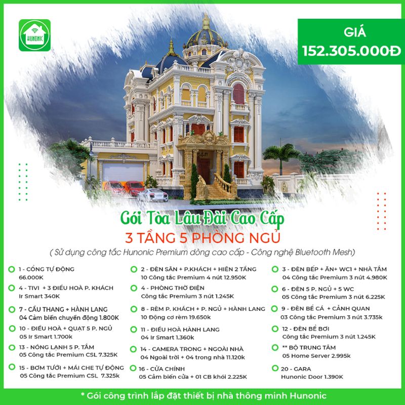 Trọn gói nhà thông minh Tòa lâu đài cao cấp cho nhà 3 tầng, 5 phòng ngủ